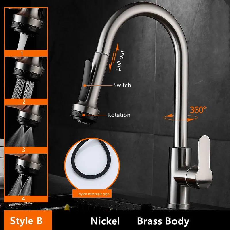 

Kitchen Faucet Three Colors Gold/Black/Chrome Pull Down Solid Brass Swivel Pull Out Spray Sink Mixer Tap Deck Mounted Europe