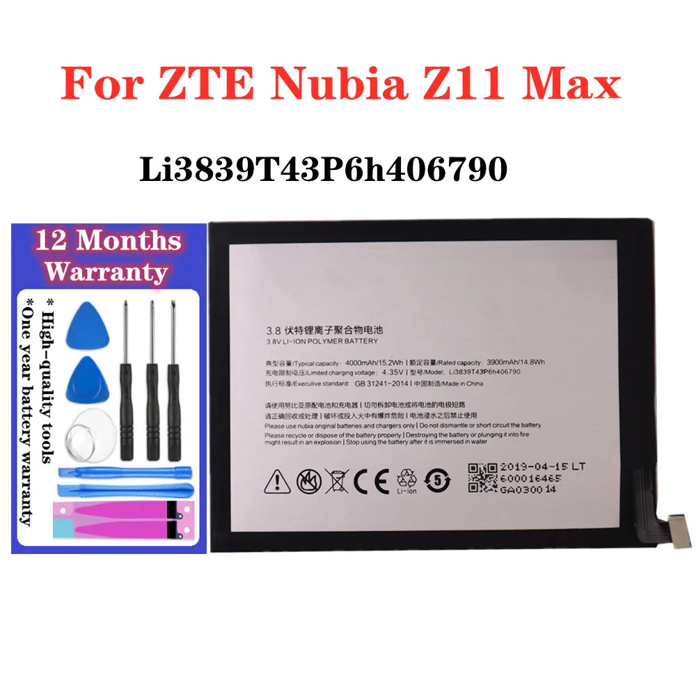 

100% 4000mAh Li3839T43P6h406790 Battery For ZTE Nubia Z11 Max Z11Max NX523 NX523J Phone Replacement Batteries + Tools