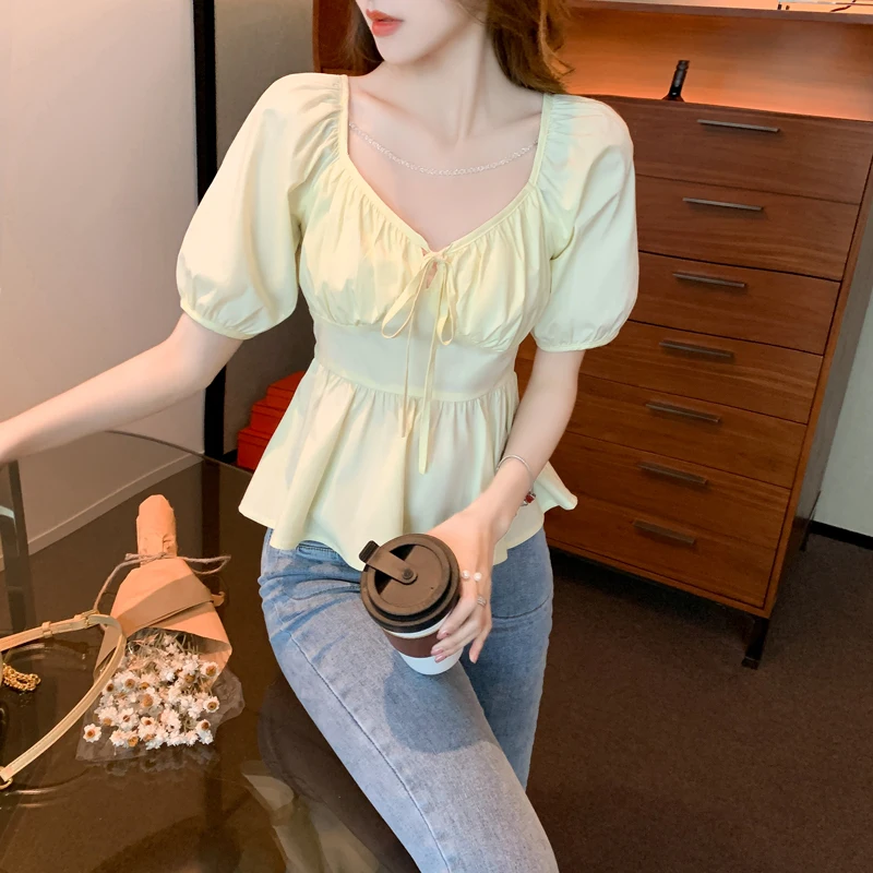

Summer Fashion Women's Elegant Blouses Casual Square Collar Exposed Collarbone Tunic Chiffon Short Sleeve Shirt Temperament Top