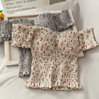 summer strapless tube top one shoulder top womens retro french small floral t shirt stretch folds short crop top slim all match