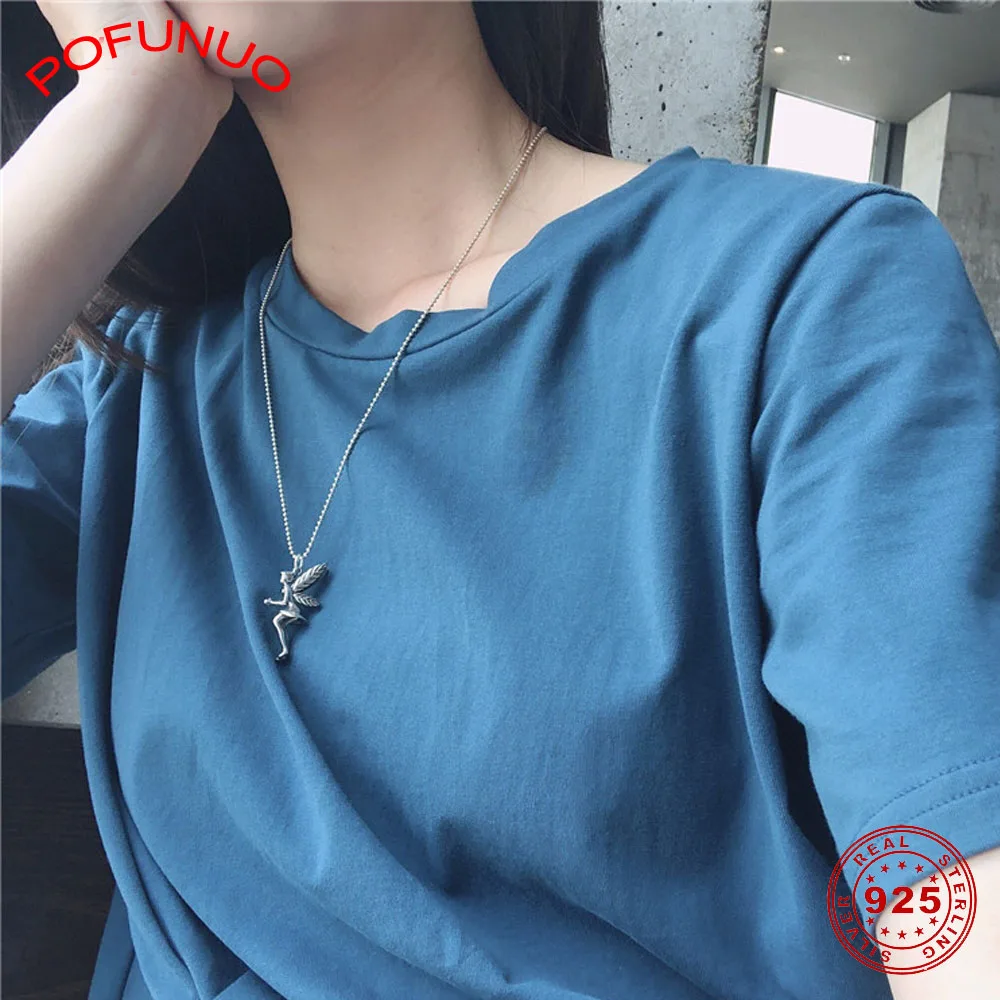 POFUNUO Women Luxury Vintage 925 Sterling Silver Necklace Angel Fairy Pendant Beads Link Chain Lovers Fine Jewelry Gift | Украшения и