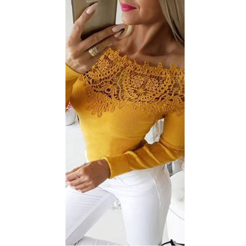 С открытыми плечами женские блузки с длинным рукавом кружева сшивание Женские