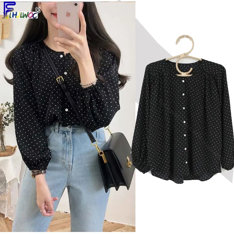 Женская блузка в горошек черная рубашка корейском и японском стиле преппи на
