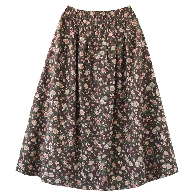 

New Spring Women Literary vintage Cotton linen Print Mid-Length Skirt Elastic Waist Loose Skirts