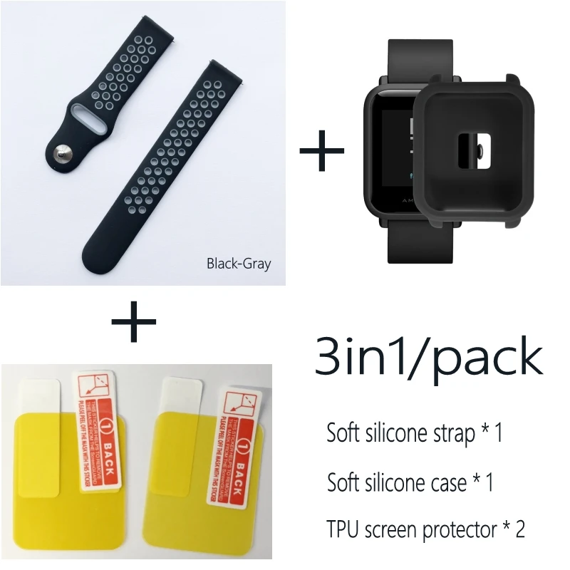 4в1 для Xiaomi Huami Amazfit Bip браслет ремешок чехол 20 мм силиконовый ремешок для часов защитная Пленка чехол s браслет - Цвет: black gray-blackcase