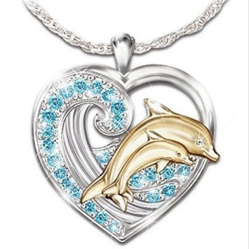 

Fashion popular women girls double cute dolphin luxury zircon necklace ring set party jewelry wholesale