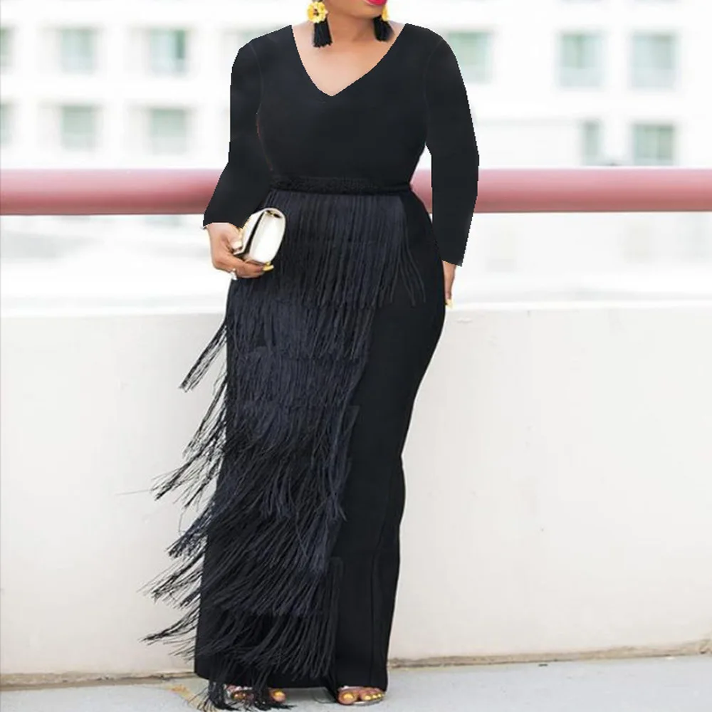 4xl Plus Size Women Maxi Dress V-neck Long-sleeve High Waist Bag Hip Stitching Tassel Evening Party Banquet Dinner Dress Vistido