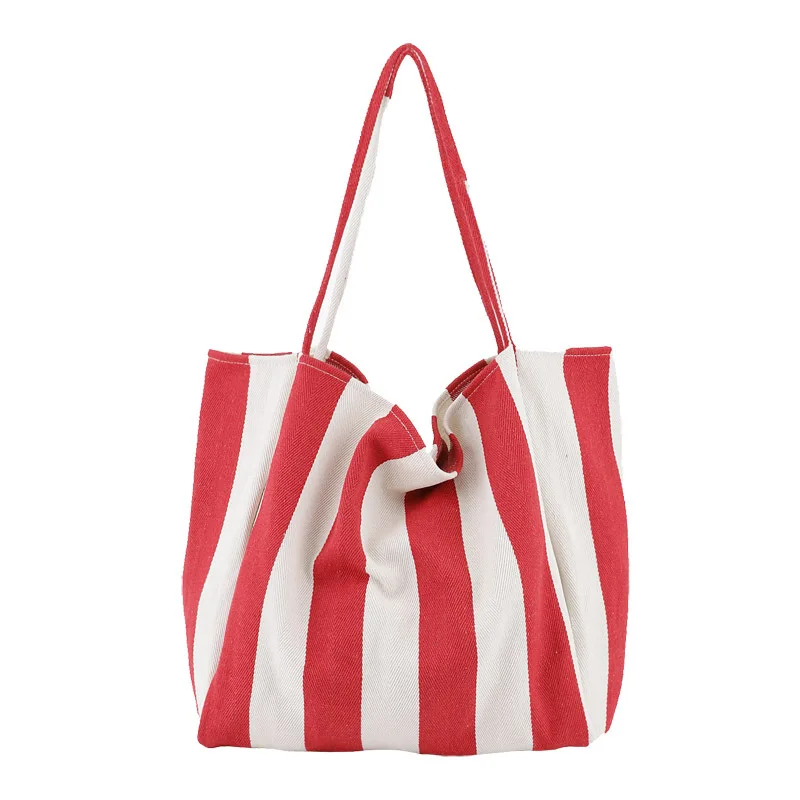 

Big Classic Shoulder Shopping Bag Striped Vertical Canvas Summer Beach Tote Weekender Travel Slouchy Hobo Handbags For Women Sac