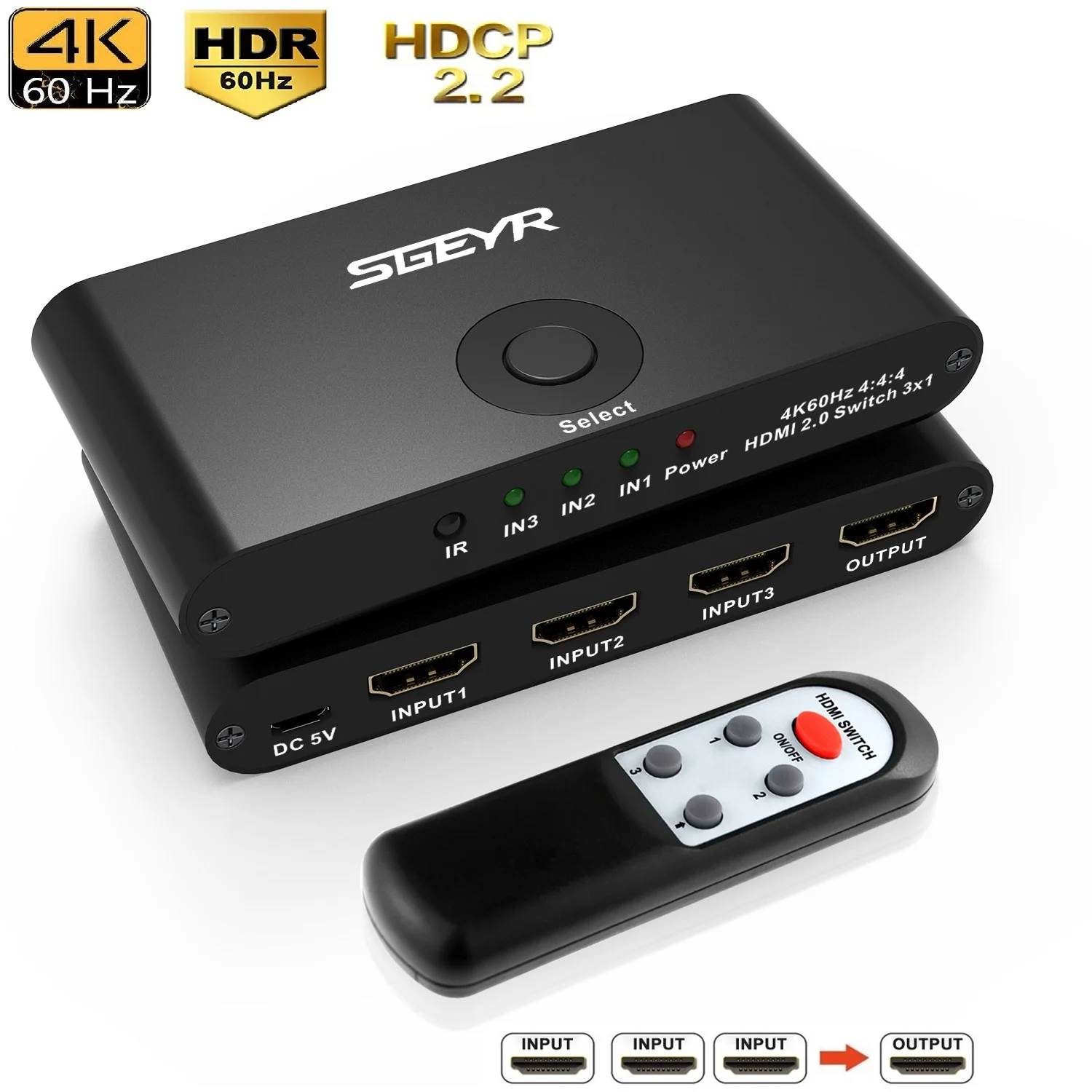 

4K HDMI 2.0 Switch 3 Port HDMI Switcher Splitter 3 in 1 Out HDMI Selector Box with Remote Supports 4K@60Hz 3D 2160P 1080P