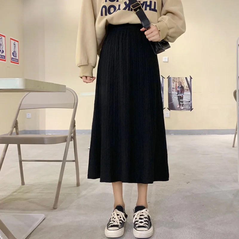 2020 однотонная зимняя повседневная юбка миди женская теплая вязаная с высокой
