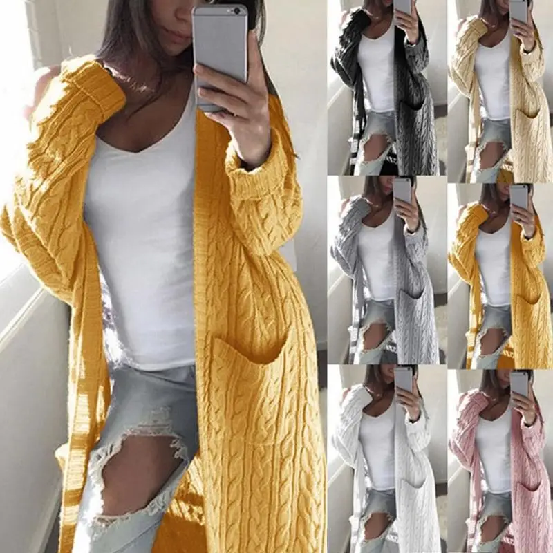 

Long knit sweater European and American style long double pocket full body twist sweater