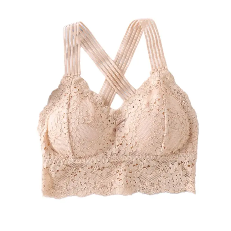

Women Sexy V-Neck Sheer Floral Lace Bralette Striped Wide Cross Straps Crop Top Q6PB