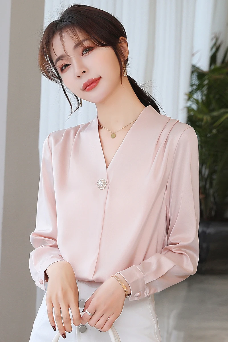 

Houthion New Casual Women's Blouse Satin Slim Blouses Solid Color V-neck Pullover Spring/autumn Fashion Long Sleeve Top