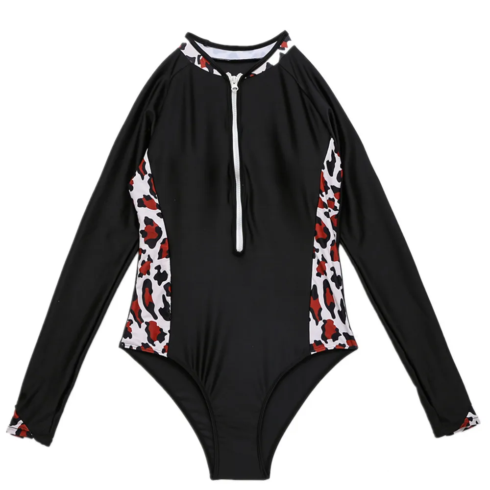 

Swim Suit Women Swimwear Swimsuit 2021 Push Up One Piece Korea New Long Sleeve Leopard Bikini Bathing Diving Solid Polyester