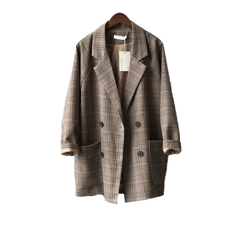 

Womens Blzaers 2020 Spring Retro Net Red Casual Loose Plaid Double Breasted Straight Tube Suit Coat for Women OL In Stock