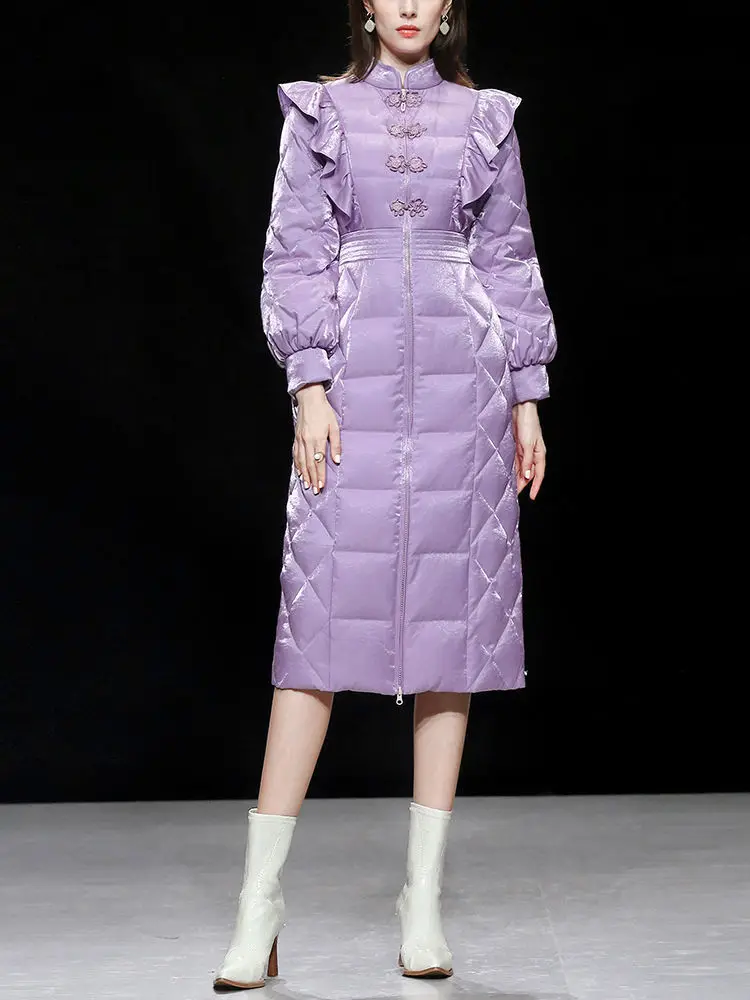 2021 Winter Mid-Length Cotton Coat Women Cheongsam Collar Elegant Vintage Disc Button Ruffle Lantern Sleeve Purple Cotton Jacket