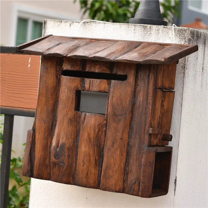 Handcraft Wood Outdoor Mailbox Garden Solid Wood Villa Mailbox Household Letter and Newspaper Rainproof Milk Delivery Box