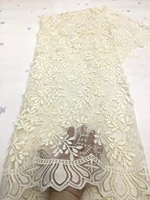 2021latest african lace fabric high quality french net embroidery cream color sequins tulle lace fabric for nigerian party dress