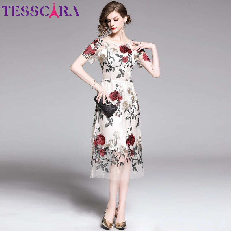 TESSCARA женское летнее стильное платье Цветочная вышивка с сеткой элегантное