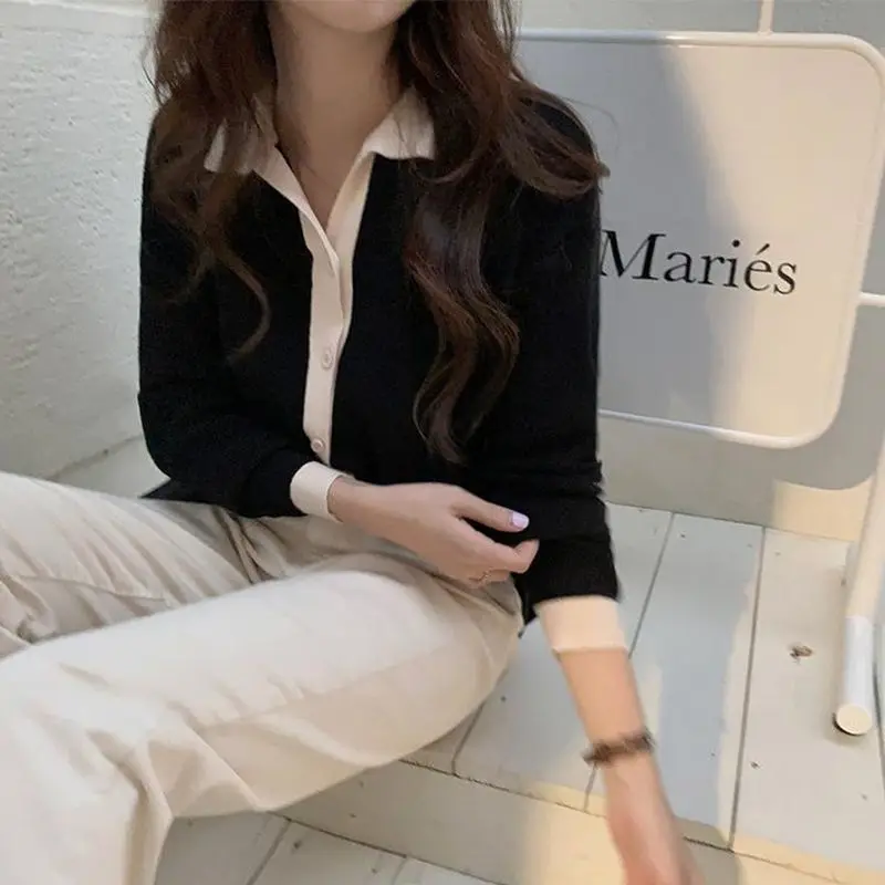 

Spring new women's polo collar loose temperament retro lazy style knitted cardigan coat color matching sweater women