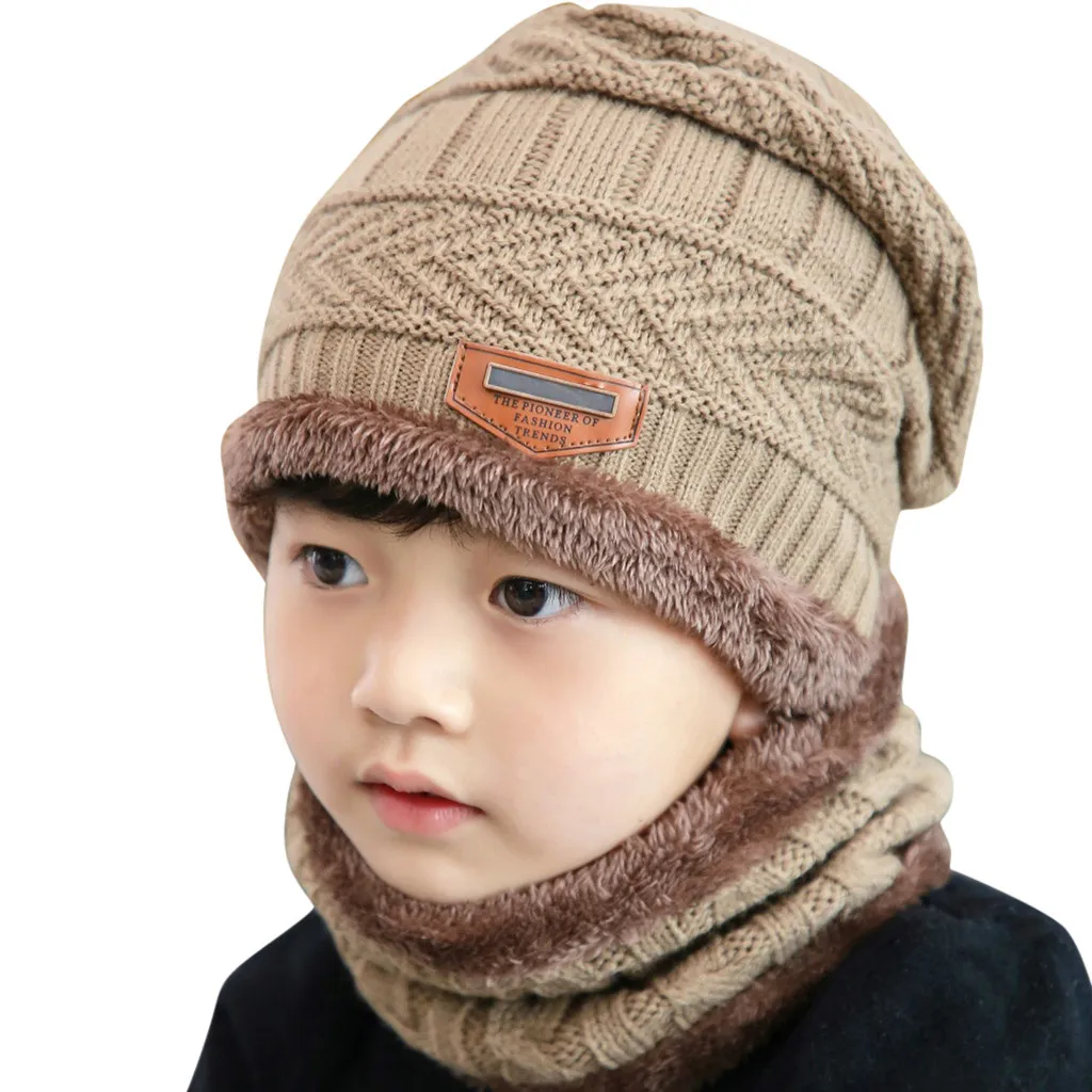 2 Pcs Set Baby's Hat Banie Toddler Infant Fleece Contrast Colors Knitted Warm Winter Hats For Kid Hat+Scarf Two Piece #66 | Детская