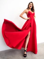 beautiful spaghetti straps red satin high slit a line women formal evening dresses gowns