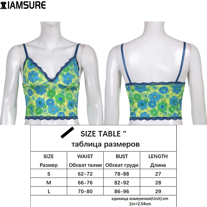 

IAMSURE Lace Trim Floral Printed Crop Top Sexy Slim Deep V-Neck Camis Women 2021 Casual Sleeveless Spaghetti Straps Tank Tops