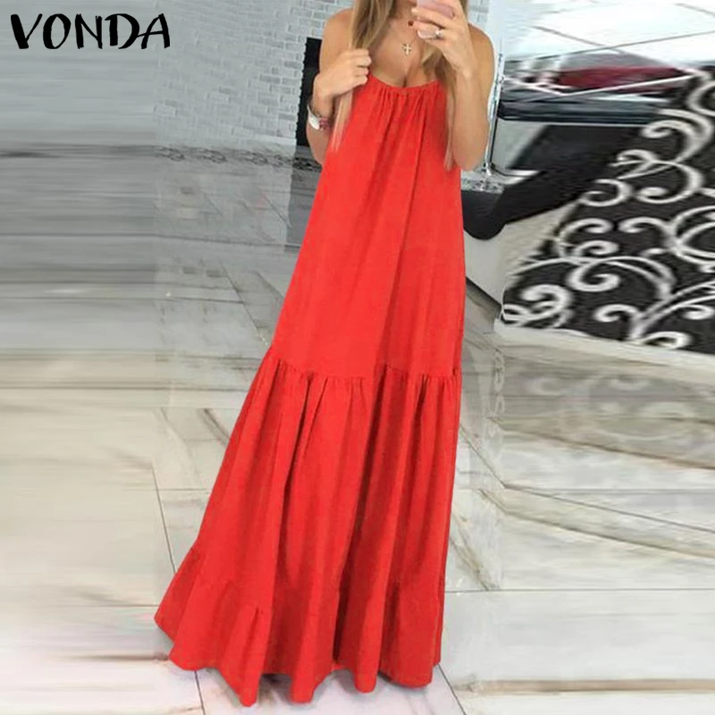 

VONDA Bohemian Dress 2022 Summer Sundress Women Sleeveless Spaghetti Strap Ruffle Swings Long Dress Holiday Vestido
