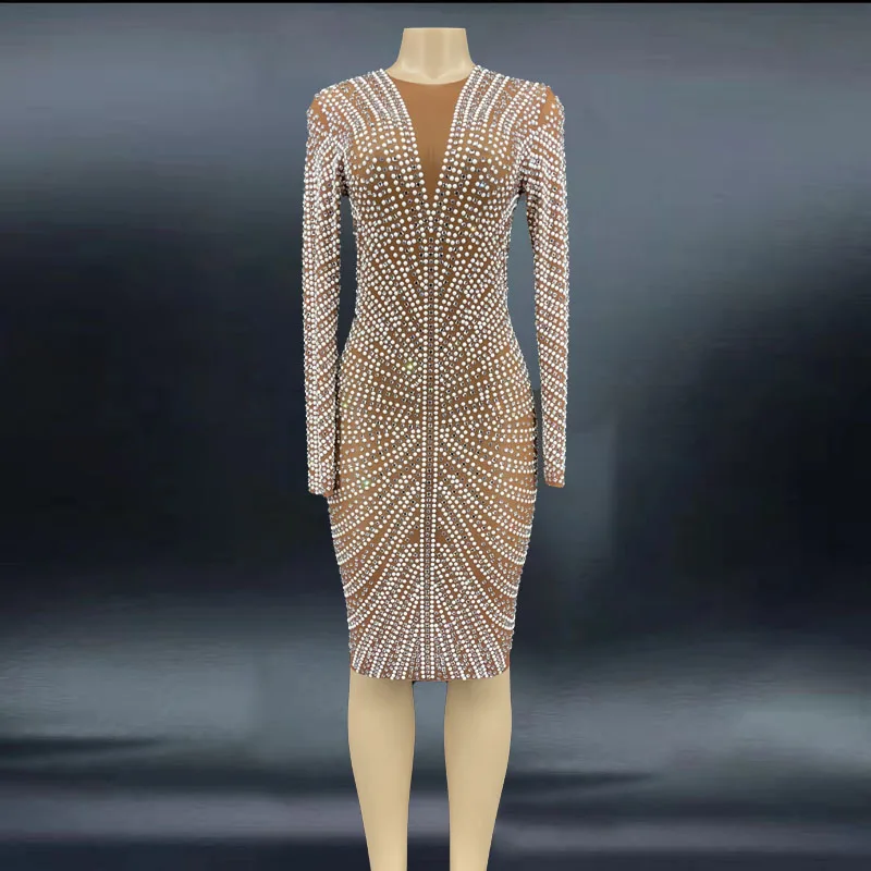 

Luxury Crystal Rhinestones Mesh Perspective Long Sleeve Short Dress Evening Prom Party Birthday Dresses Sexy Celebrate Outfit