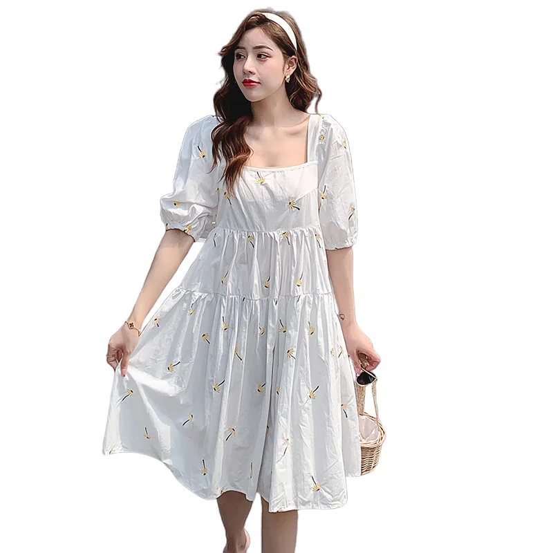 

9619# 2021 Summer Korean Fashion White Cotton Linen Maternity Dress Sweet Loose Clothes for Pregnant Women Embroidery Pregnancy