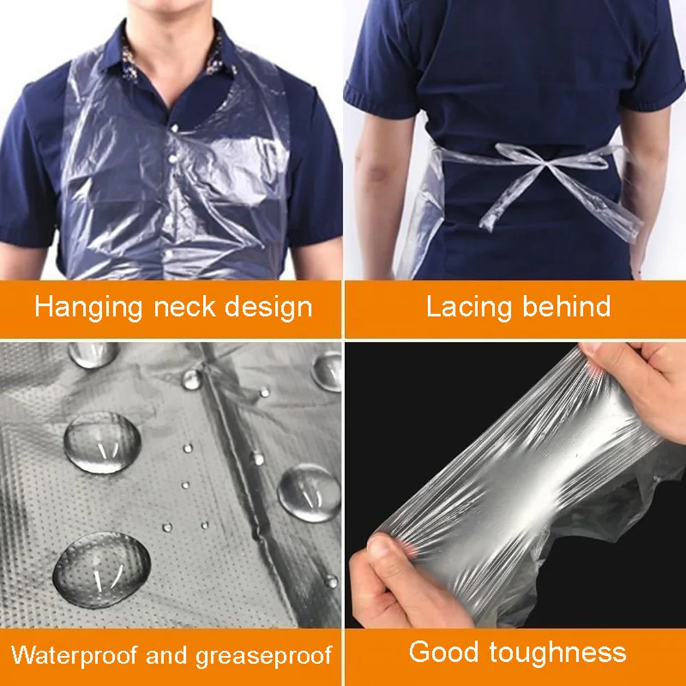 

Cooking Disposable Apron Oil Proof Plastic Aprons Waterproof For Adults Transparent With Adjustable Waist Tie 100Pcs