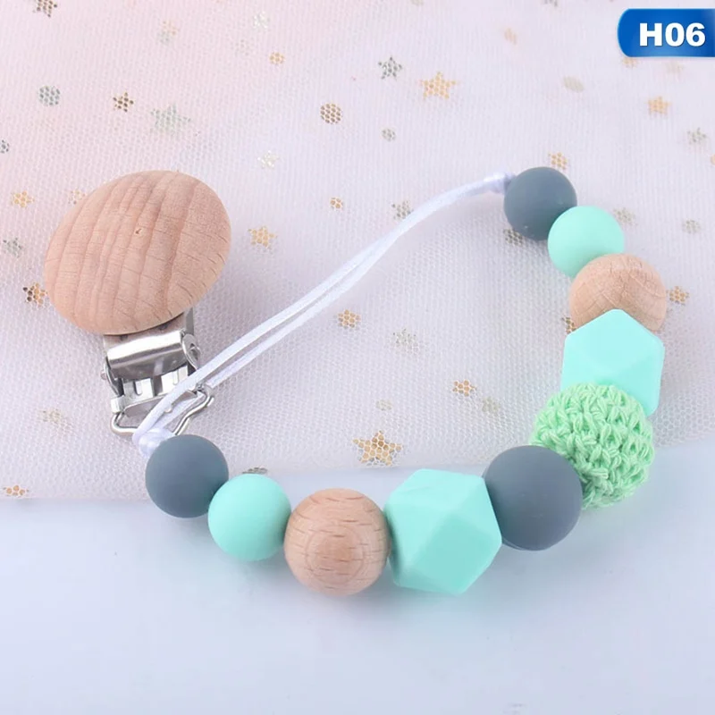H06 Прищепка для соски цепь деревянный держатель крепления для укачивания, успокаивающего приспособления силиконовые бусины соска анти-падение держатель младенческий Душ подарок - Цвет: H06