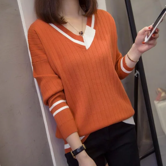Plus Size V Neck Spell Color Pullover Women Knitted Sweater 2020 Autumn Winter Clothes Trendy Oversize Knitwear Jumper DA643 | Женская