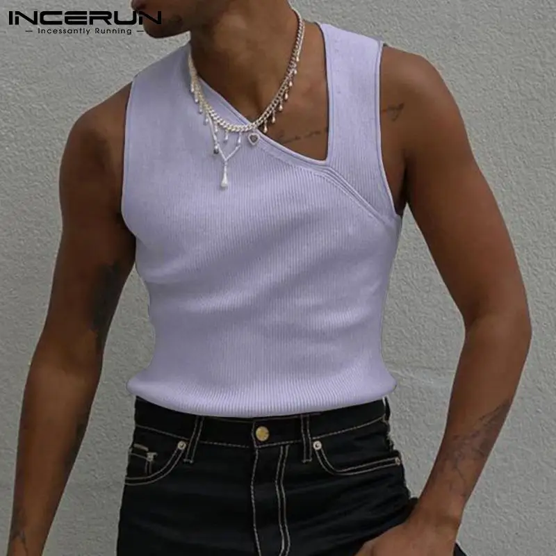 

Fashion Men Tank Tops Sleeveless Sexy Streetwear Irregular Vests 2022 V Neck Solid Color Casual Men Clothing Waistcoats INCERUN