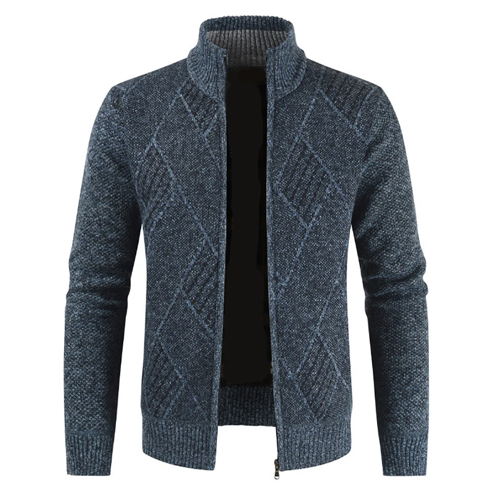 

Cofekate Men Clothing Casual Men Stand Collar Striped Slim Knit Cardigan ropa para hombre Male Geometric Pattern Sweater Coat