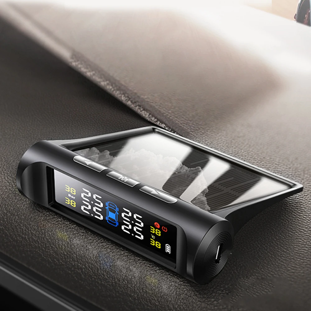 

Car Tyre Pressure Monitoring System Solar TPMS Tyre Pressure Alarm System with LCD Display 4 External Sensors
