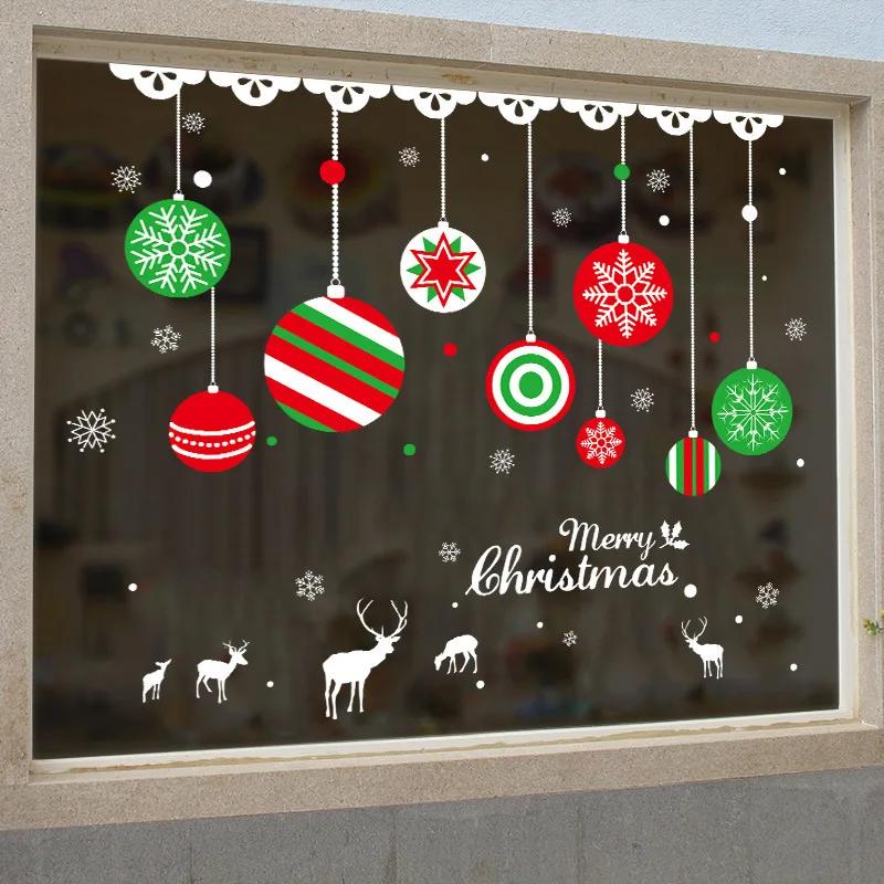 

Cartoon Merry Christmas Balls Snow elk Wall Stickers Colorful Bells Window Shop Stickers Christmas Wall Decal Art Decoration