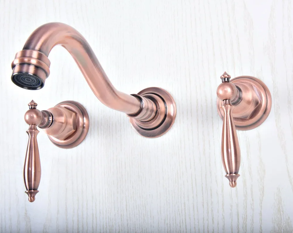 

Antique Red Copper Finish Wall Mounted Bathroom Basin Faucet Double Handles Widespread 3 Holes Mixer Tap Lsf502