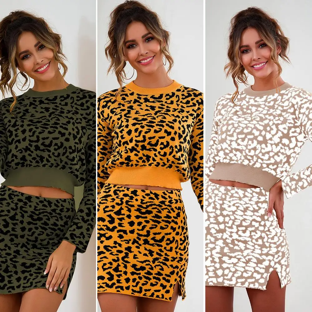 Женский леопардовый комплект из двух предметов сексуальный трикотажный свитер