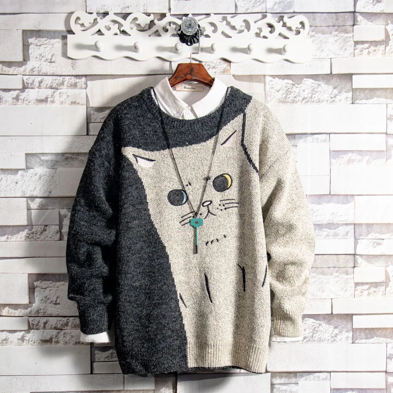 

2021 embroidery teenagers casual Couple cat sweater men's autumn and winter lazy warmth base thick plus velvet sweater