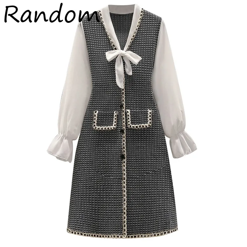 

2021 Fall Vintage Plaid Knit Dress Women Chiffon Long Sleeve Tweed Patchwork Bow V Neck Sweater Elegant Dresses Ladies Clothing