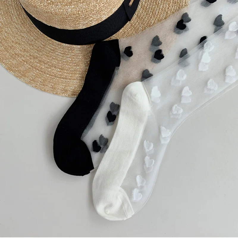 

Summer New Cute Heart Stocking Women Harajuku Mesh Thigh High Knee Socks Spring Casual Thin Sexy Long Socks Girls PJ282