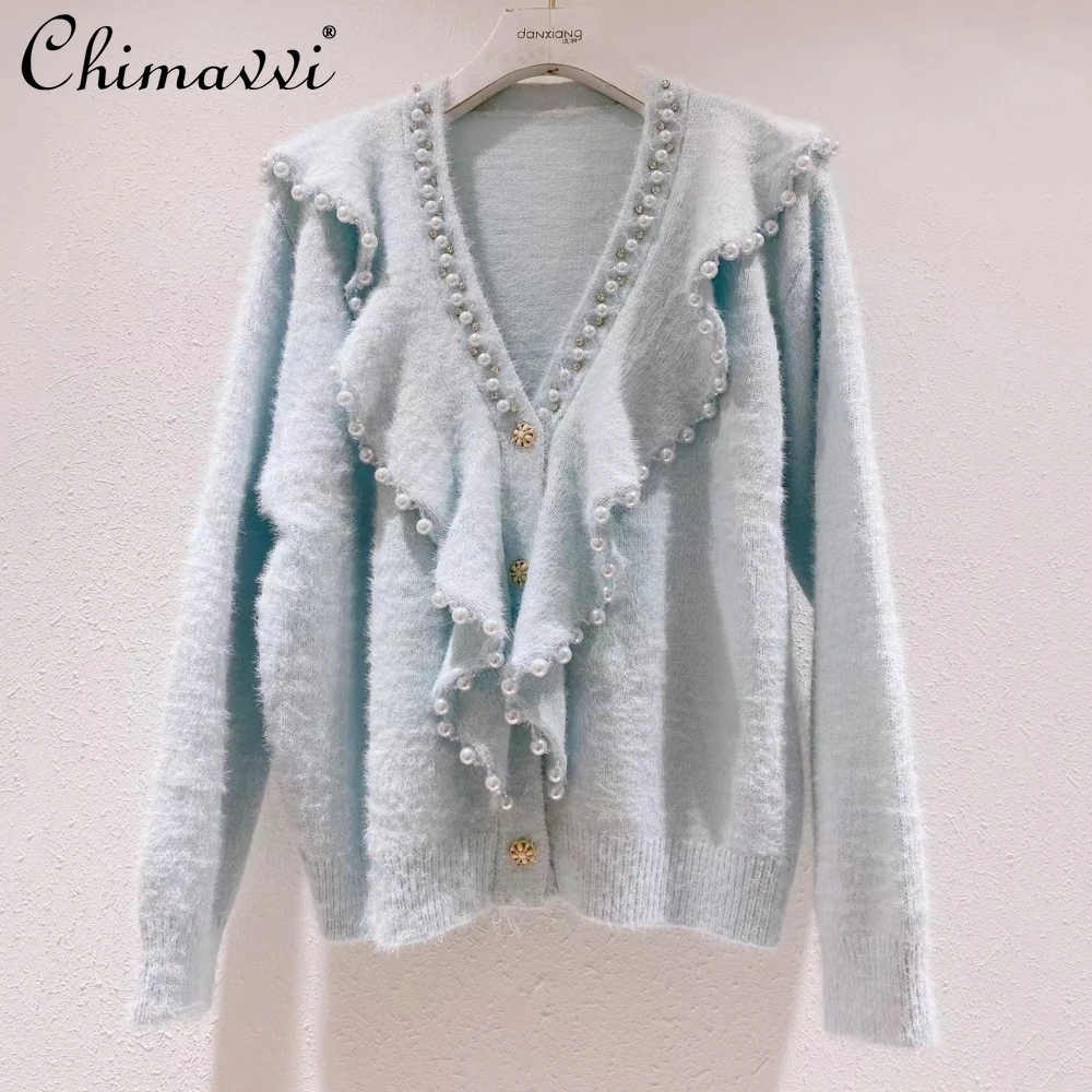 

2021 Autumn Women's Clothing New Heavy Beads Sweet Lotus Leaf V-neck Knitted Cardigan Fashion Long Sleeve Loose Sweater