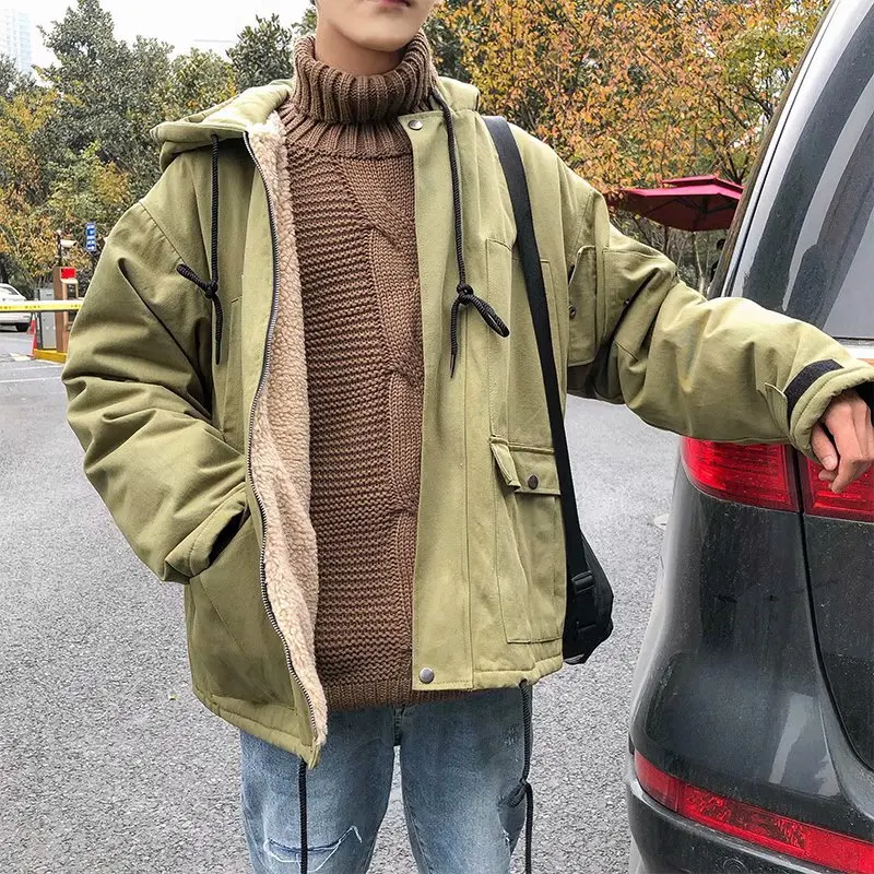 

Men's Winter Thicken Coat Warm Parka Jacket with Unremovable Hood Zipper Fly Multi Pockets Fleece Warm Winter Coats Man M-XXL