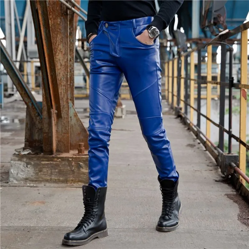 

Mens Slim Fit Pu Leather Pants Autumn Winter Thick Fleece Lining Long Trousers Korean Stretchy Motorcycle Biker Leather Pants