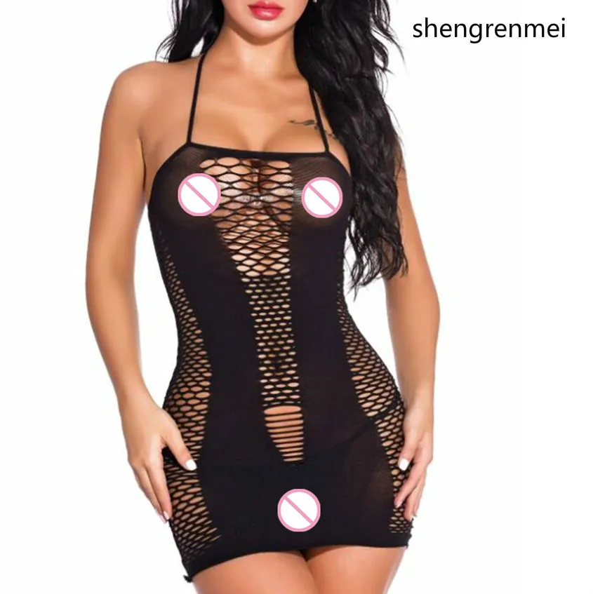 

Shengrenmei NEW Female Fishnet Underwear Plus Size Nightwear Mesh Dress Sexy Lingerie Women Nightgown Black Passion Babydolls