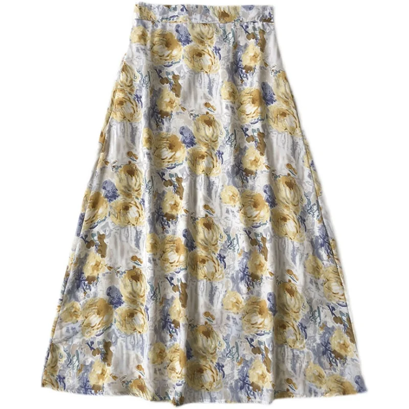 

Vintage Oil Painting Chiffon Long Skirts for Women Elastic High Waist Korean 2021 Spring Summer Y2k Skirt