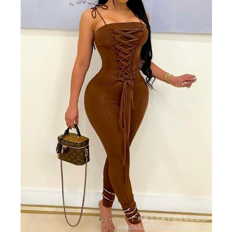 

WEPBEL Solid Color Slim Jumpsuits Summer Bandage Jumpsuits Women's Sexy Spaghetti Strap Strapless Backless Lace Up Jumpsuits
