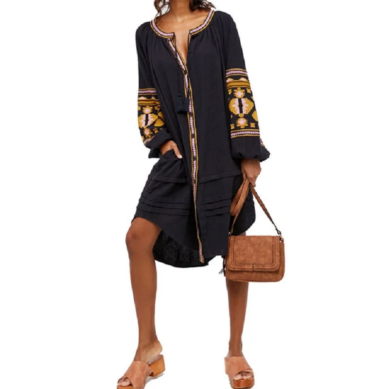 Женское платье с этнической вышивкой свободное богемное большого размера в