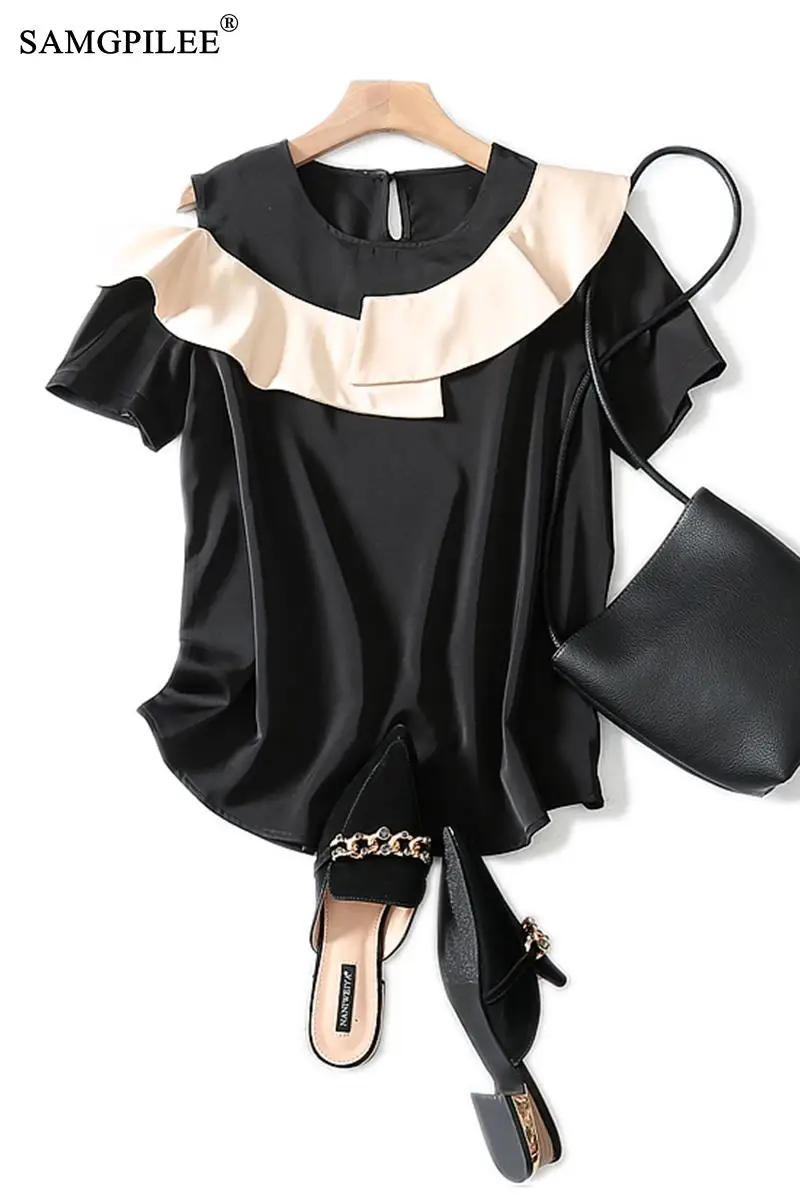 

Tshirt Oversize Women Casual 2020 Women Summer Clothing Woven Short Sleeve Ruffles Patchwork O-neck Tops For Women Black T-shirt